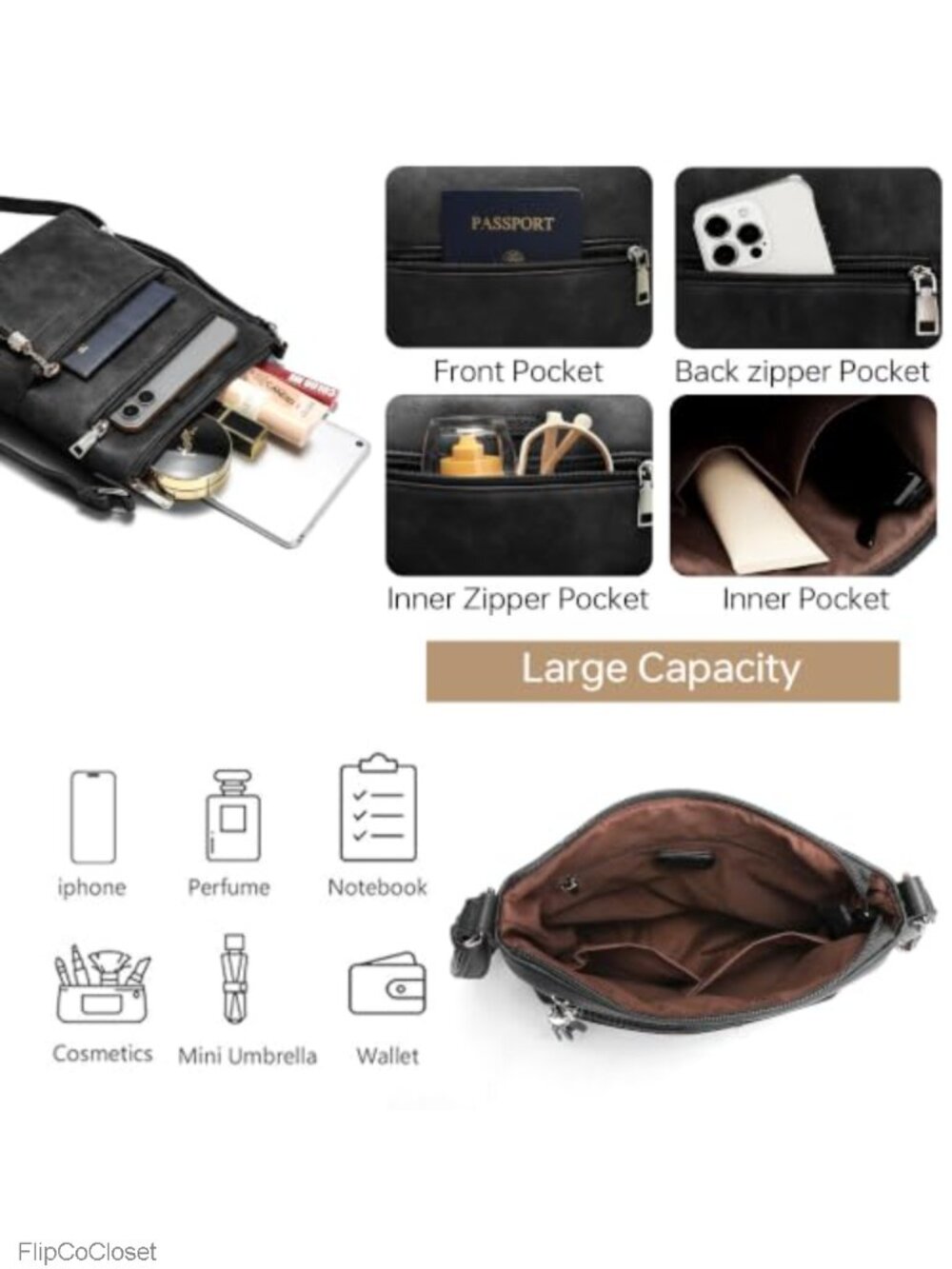 Leather Crossbody Bag for Women Travel Purse Adjustable Strap Multi-Pocket - Picture 2 of 5